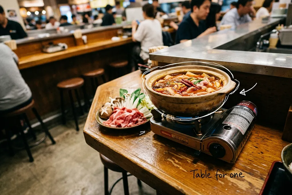 AI-generated image of a small single-serving hot pot on a counter seat with a plate of sliced meat, mushrooms and greens. A thin white line traces the pot next to a handwritten note reading 'Table for one'.