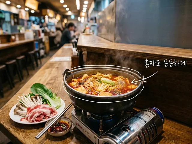 바 형태 식당 카운터 자리에 1인용 작은 훠궈 냄비와 고기·버섯·채소 접시가 놓인 AI 생성 이미지. 냄비에 흰 선과 '혼자도 든든하게' 손글씨가 얹혀 있다.