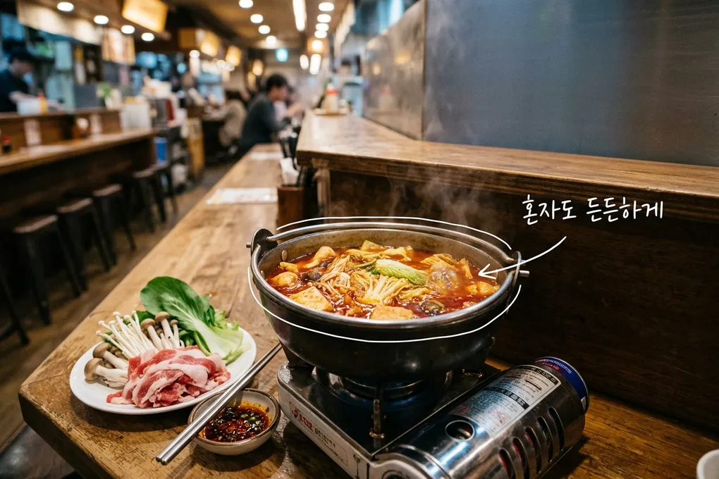 바 형태 식당 카운터 자리에 1인용 작은 훠궈 냄비와 고기·버섯·채소 접시가 놓인 AI 생성 이미지. 냄비에 흰 선과 '혼자도 든든하게' 손글씨가 얹혀 있다.