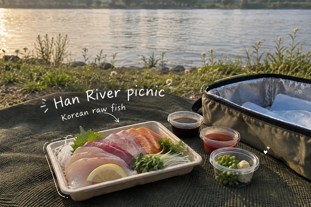 AI-generated raw fish platter and cooler bag on a riverside mat, with white handwritten notes reading Han River picnic and Korean raw fish.