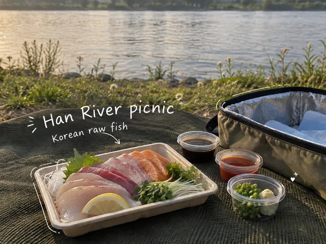 AI-generated raw fish platter and cooler bag on a riverside mat, with white handwritten notes reading Han River picnic and Korean raw fish.