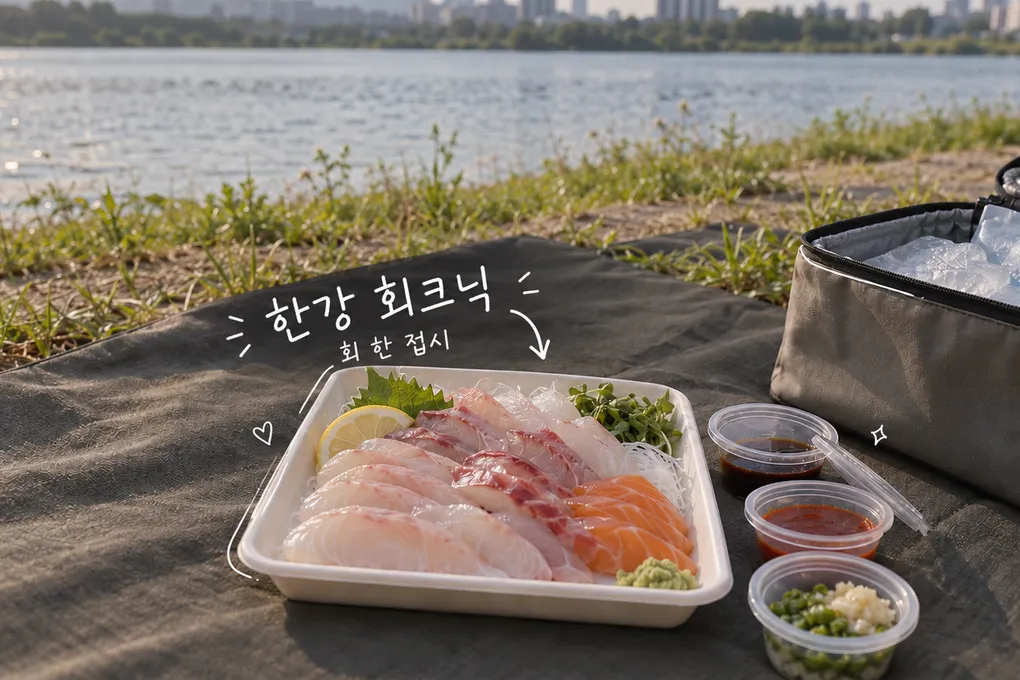 강변 돗자리 위 회 한 접시와 쿨러백, 한강 피크닉과 회라는 흰 손글씨를 담은 AI 생성 이미지.