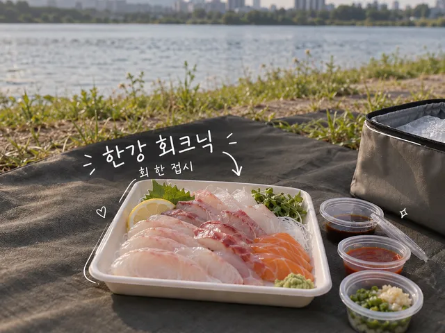 강변 돗자리 위 회 한 접시와 쿨러백, 한강 피크닉과 회라는 흰 손글씨를 담은 AI 생성 이미지.