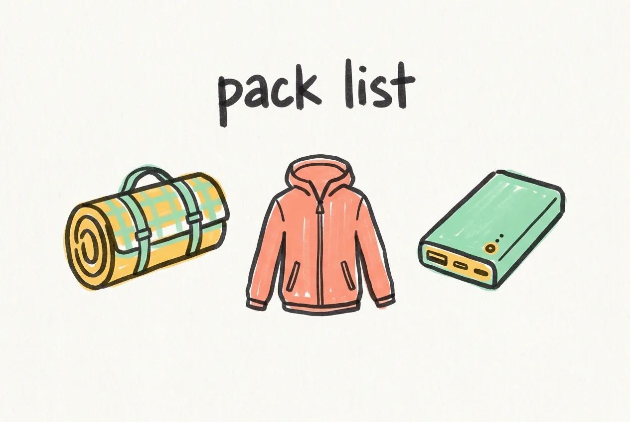 Marker illustration of a rolled picnic mat, a hooded jacket and a power bank, labeled pack list