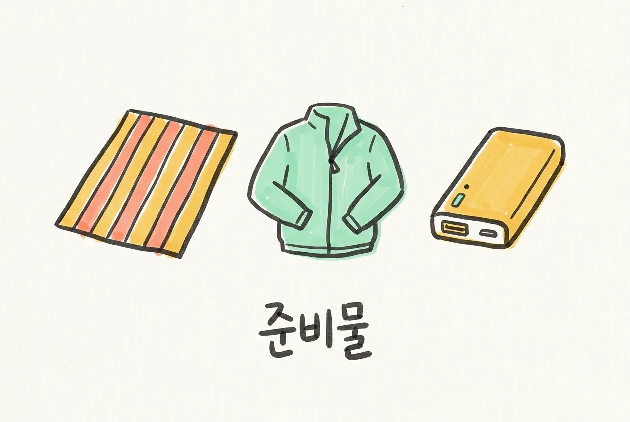 돗자리, 점퍼, 보조배터리 세 가지를 마커로 그린 일러스트
