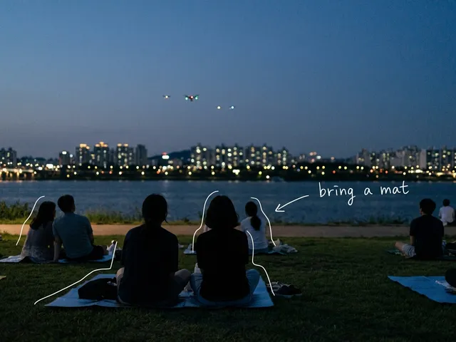 AI-generated dusk scene of people on picnic mats on a riverside lawn, watching small drone lights over the river with city lights across the water, with thin white lines and the handwritten note bring a mat.