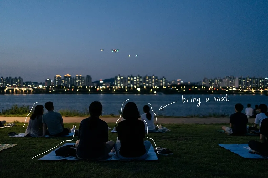AI-generated dusk scene of people on picnic mats on a riverside lawn, watching small drone lights over the river with city lights across the water, with thin white lines and the handwritten note bring a mat.