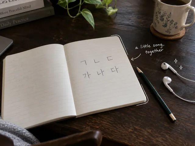 AI-generated notebook with Korean letters beside earphones, with white pen marks and the handwritten note a little song, together.