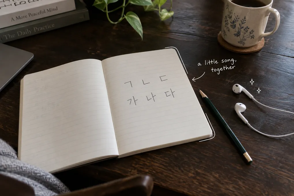 AI-generated notebook with Korean letters beside earphones, with white pen marks and the handwritten note a little song, together.