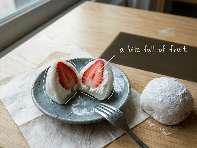 AI-generated plate with a strawberry rice cake cut in half and a whole starch-dusted rice cake on traditional hanji paper, with thin white lines and the handwritten note 'a bite full of fruit'.