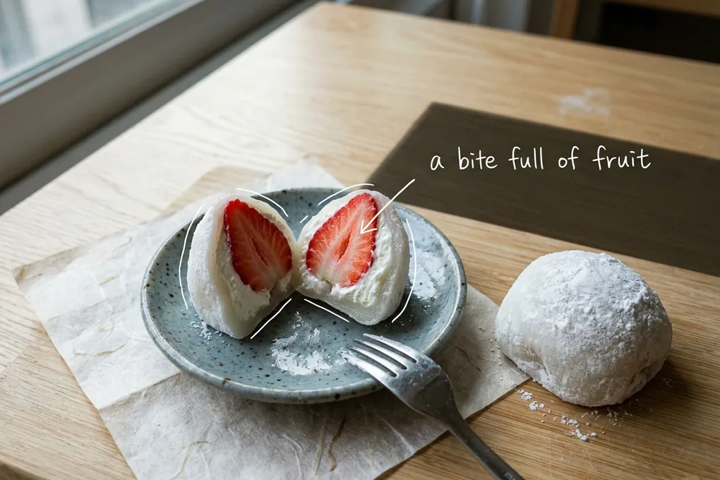 AI-generated plate with a strawberry rice cake cut in half and a whole starch-dusted rice cake on traditional hanji paper, with thin white lines and the handwritten note 'a bite full of fruit'.