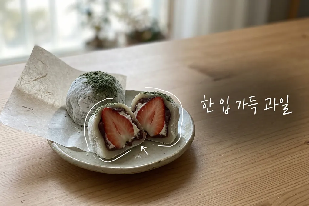 작은 도자기 접시에 반으로 자른 딸기 찹쌀떡과 하얀 가루를 입힌 찹쌀떡, 전통 한지가 놓인 모습을 담은 AI 생성 이미지. 흰 선과 ‘한 입 가득 과일’ 손글씨가 얹혀 있다.