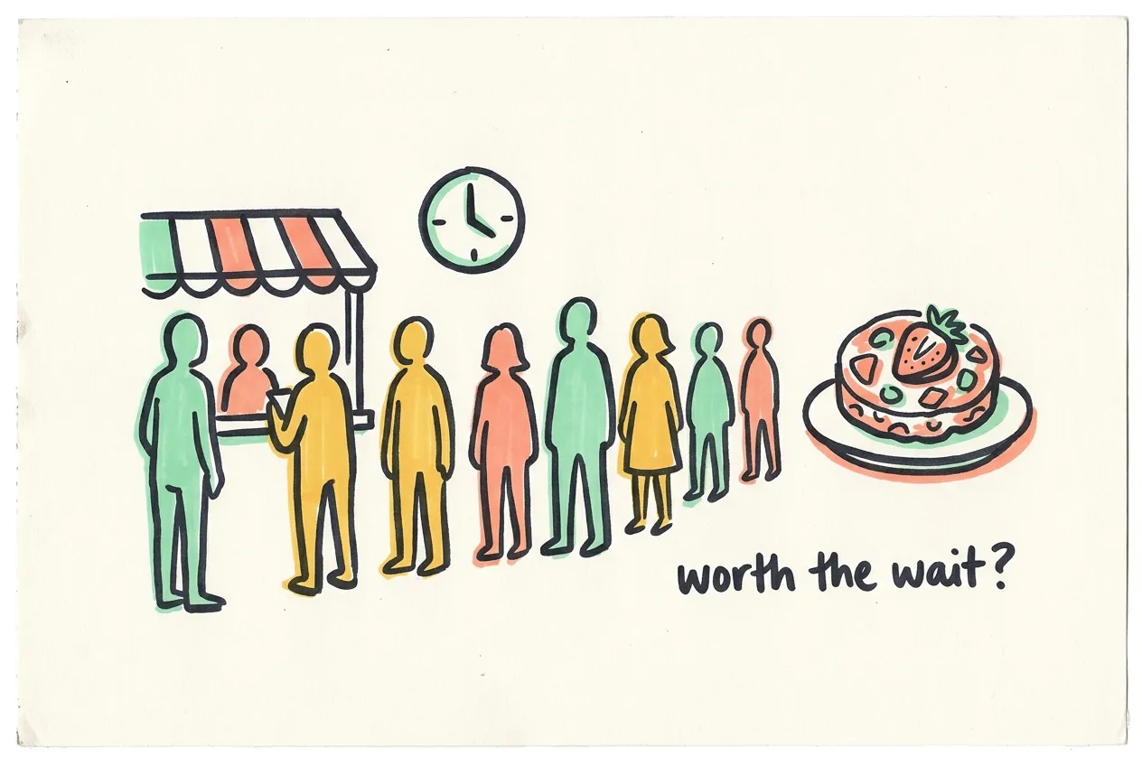 Marker-drawn illustration of faceless people in a queue with a clock and a plate of fruit rice cake, with the handwritten note 'worth the wait?'
