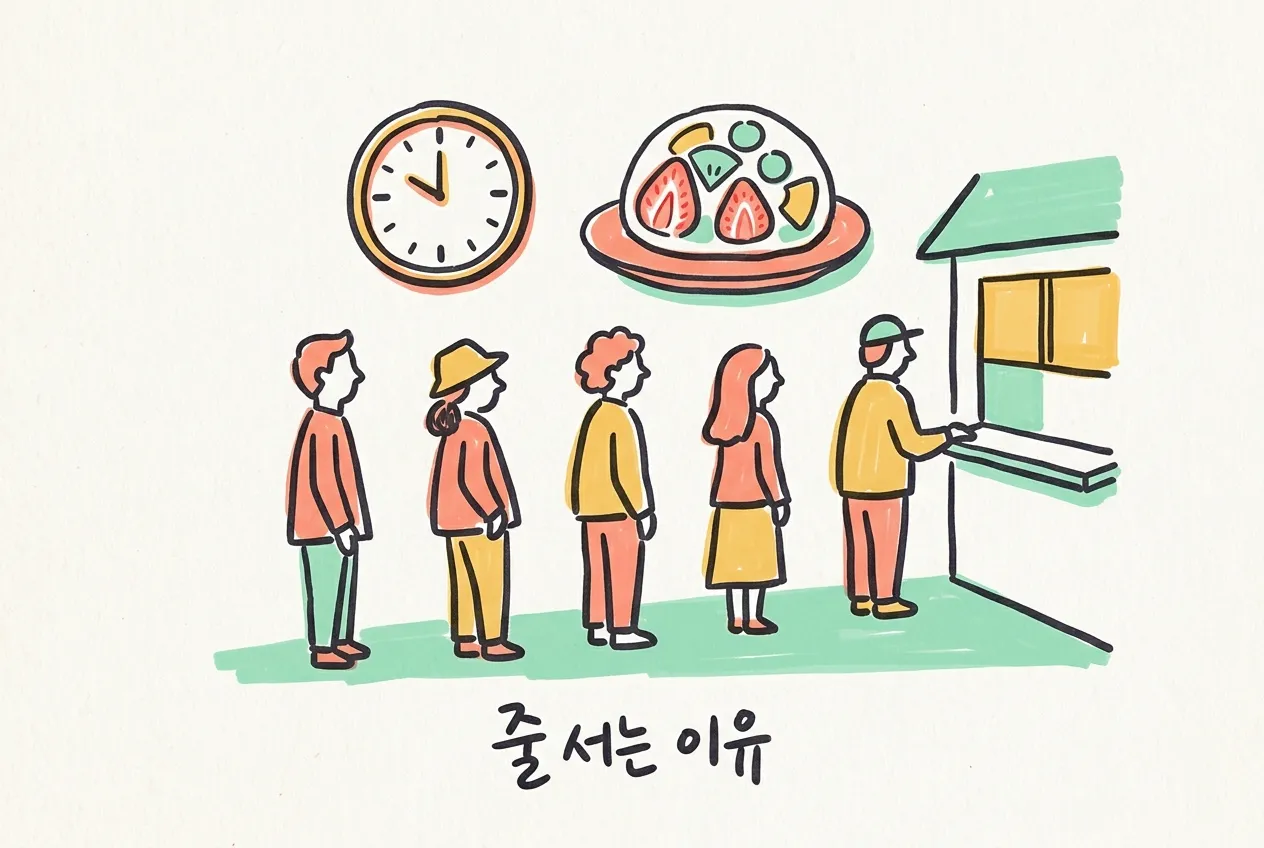 줄 서 있는 사람들과 시계, 과일 찹쌀떡 접시, ‘줄 서는 이유’ 손글씨를 마커로 그린 일러스트