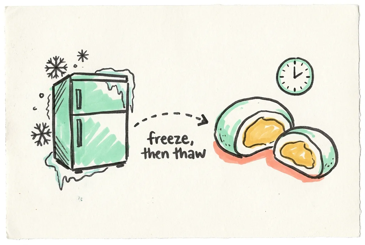 Marker-drawn illustration of a freezer box, an arrow to a halved cream-filled rice cake and a clock, with the handwritten note 'freeze, then thaw'