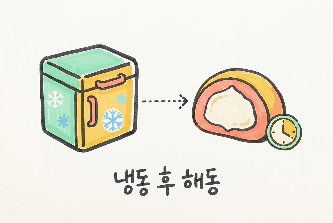 냉동고 아이콘과 반으로 자른 크림 찹쌀떡, 시계, ‘냉동 후 해동’ 손글씨를 마커로 그린 일러스트