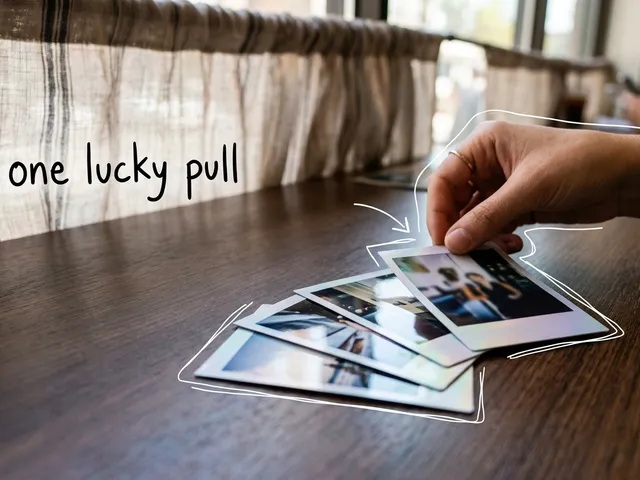 AI-generated photo prints with a holographic edge fanned out on a wooden table while a hand picks one up, with thin white lines and the handwritten note 'one lucky pull'.