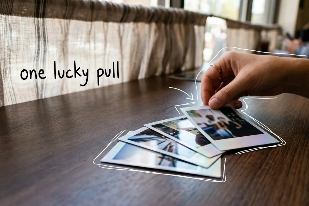 AI-generated photo prints with a holographic edge fanned out on a wooden table while a hand picks one up, with thin white lines and the handwritten note 'one lucky pull'.