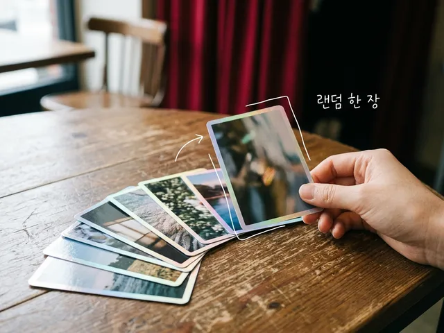 나무 테이블 위에 부채꼴로 펼쳐진 홀로그램 테두리의 카드형 사진 인화물과 그중 한 장을 집는 손을 담은 AI 생성 이미지. 흰 선과 ‘랜덤 한 장’ 손글씨가 얹혀 있다.