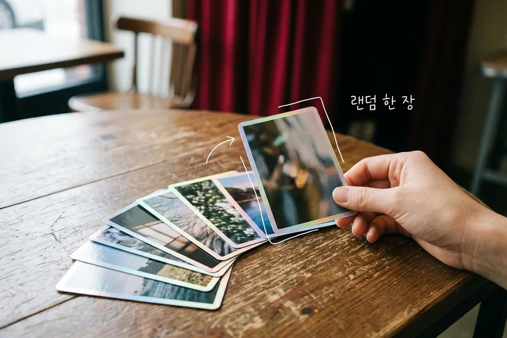 나무 테이블 위에 부채꼴로 펼쳐진 홀로그램 테두리의 카드형 사진 인화물과 그중 한 장을 집는 손을 담은 AI 생성 이미지. 흰 선과 ‘랜덤 한 장’ 손글씨가 얹혀 있다.