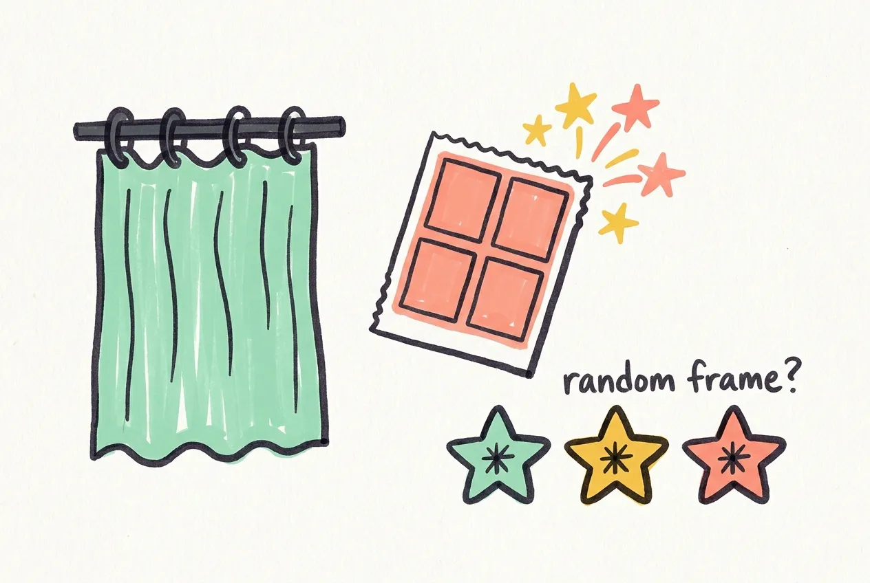 Marker-drawn illustration of a photo booth curtain, a sparkling card-style photo and star rarity badges, with the handwritten note 'random frame?'