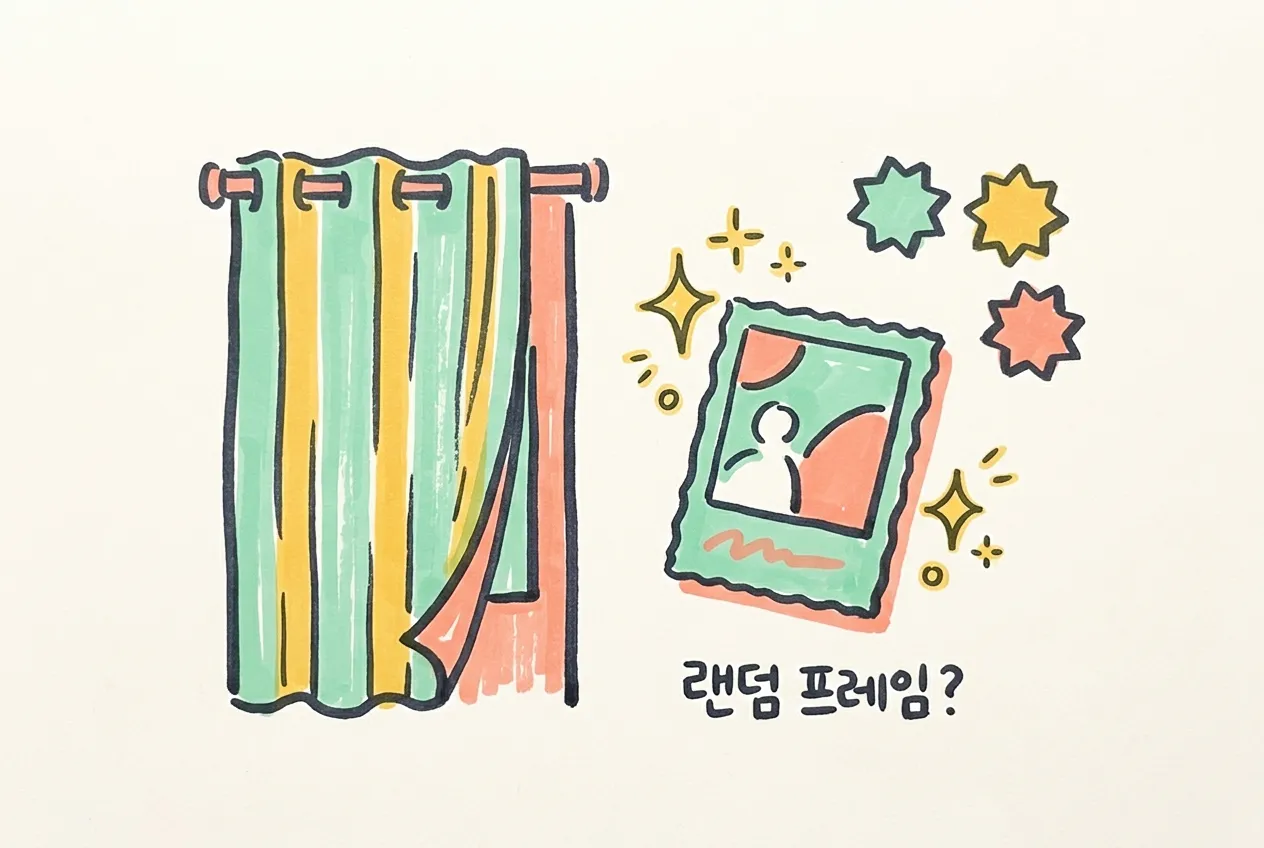 포토부스 커튼과 반짝이는 카드형 사진, 별 모양 등급 배지, ‘랜덤 프레임?’ 손글씨를 마커로 그린 일러스트