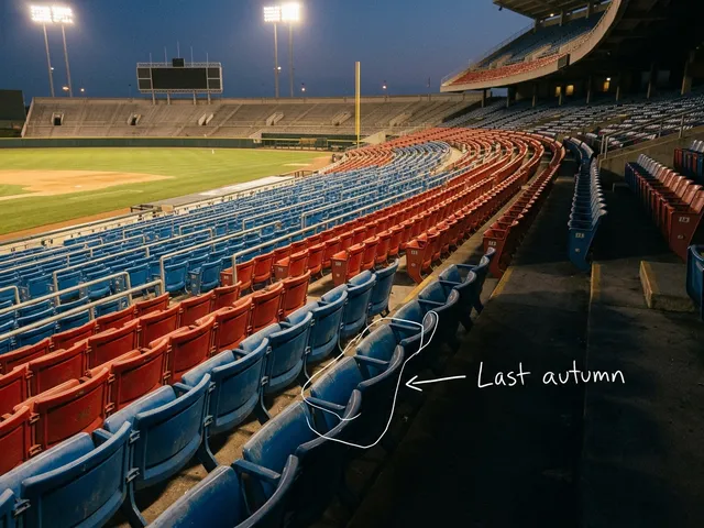 AI-generated dusk view of empty blue and red seats in a baseball stadium under floodlights, with a thin white line around a row of seats and a handwritten note reading 'Last autumn'.