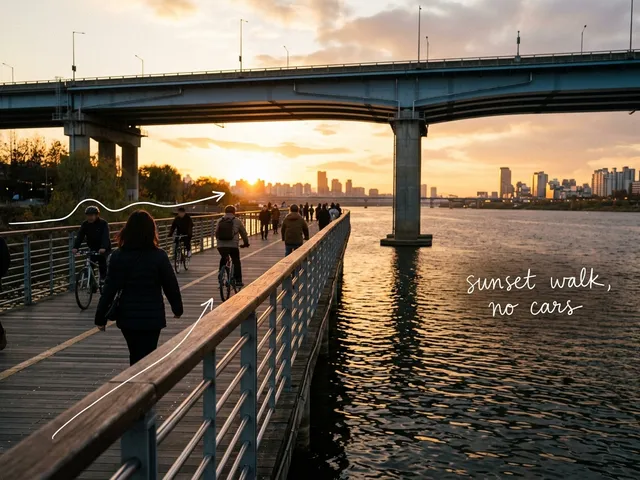 AI-generated image of people walking and cycling on a low riverside boardwalk at sunset under a higher bridge. White pen lines trace the railing and a handwritten note reads 'sunset walk, no cars'.