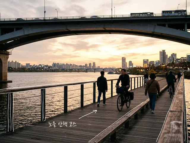 노을 질 무렵 한강 위 낮은 보행 다리를 사람들이 걷고 자전거로 지나가는 AI 생성 이미지. 난간에 흰 선이 얹혀 있고 '노을 산책 코스' 손글씨가 있다.