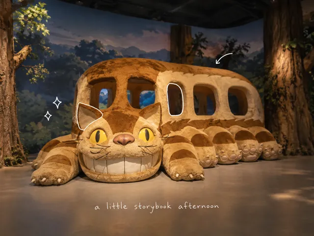 AI-generated interpretation of a furry Catbus display in an imaginary exhibition room, with a short white handwritten note.