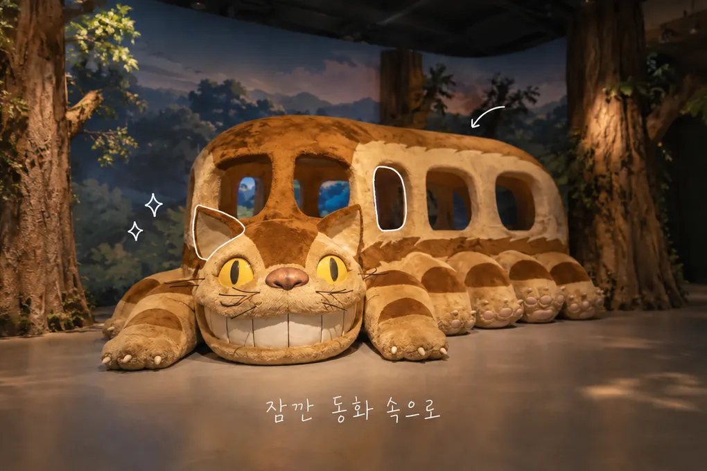 상상 속 전시실에 놓인 털이 복슬한 고양이 버스 전시를 해석한 AI 생성 이미지와 짧은 흰 손글씨.