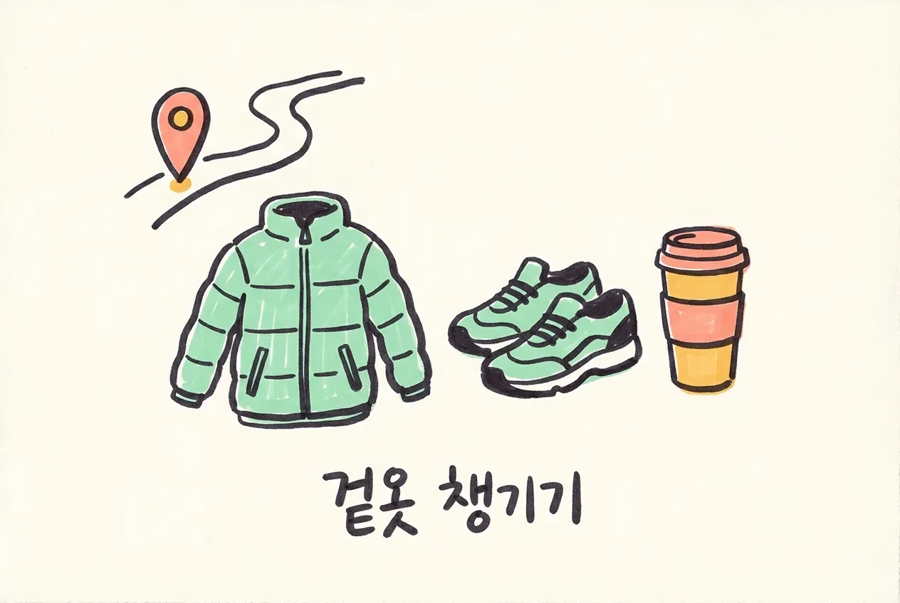 길 위의 핀 표시, 초록 점퍼, 운동화, 보온병을 마커로 그린 일러스트