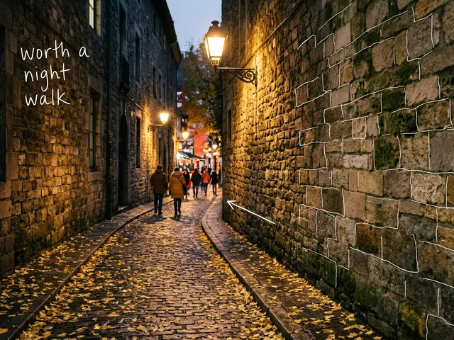 AI-generated image of people walking a cobbled stone-wall lane at night under warm street lamps, with fallen yellow leaves. White pen lines trace the wall and a handwritten note reads 'worth a night walk'.