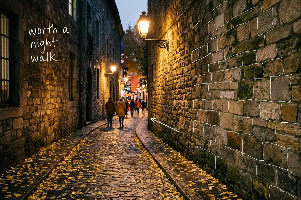 AI-generated image of people walking a cobbled stone-wall lane at night under warm street lamps, with fallen yellow leaves. White pen lines trace the wall and a handwritten note reads 'worth a night walk'.
