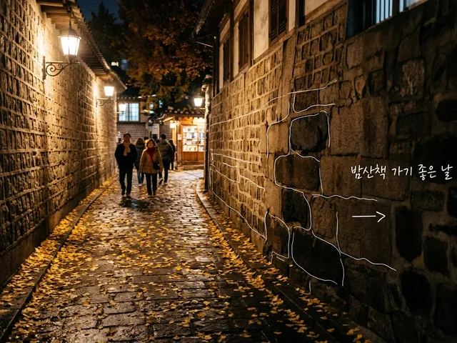 은행잎이 떨어진 돌담길을 밤에 따뜻한 가로등 불빛 아래 사람들이 걷는 AI 생성 이미지. 돌담에 흰 선이 얹혀 있고 '밤산책 가기 좋은 날' 손글씨가 있다.