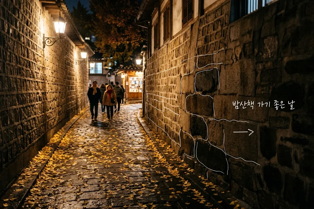 은행잎이 떨어진 돌담길을 밤에 따뜻한 가로등 불빛 아래 사람들이 걷는 AI 생성 이미지. 돌담에 흰 선이 얹혀 있고 '밤산책 가기 좋은 날' 손글씨가 있다.