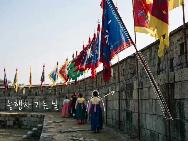 오래된 궁궐 돌담을 따라 알록달록한 전통 깃발이 걸려 있고, 한복을 입은 사람들이 멀리 뒷모습으로 걸어가는 모습을 담은 AI 생성 이미지. 흰 선과 ‘능행차 가는 날’ 손글씨가 얹혀 있다.