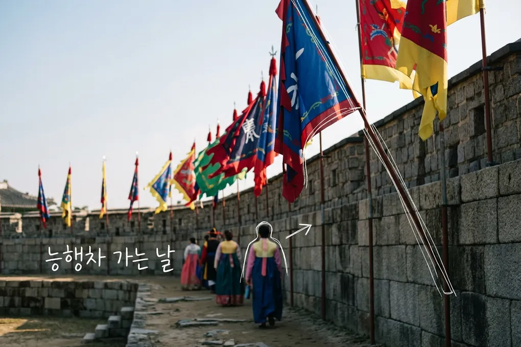 오래된 궁궐 돌담을 따라 알록달록한 전통 깃발이 걸려 있고, 한복을 입은 사람들이 멀리 뒷모습으로 걸어가는 모습을 담은 AI 생성 이미지. 흰 선과 ‘능행차 가는 날’ 손글씨가 얹혀 있다.