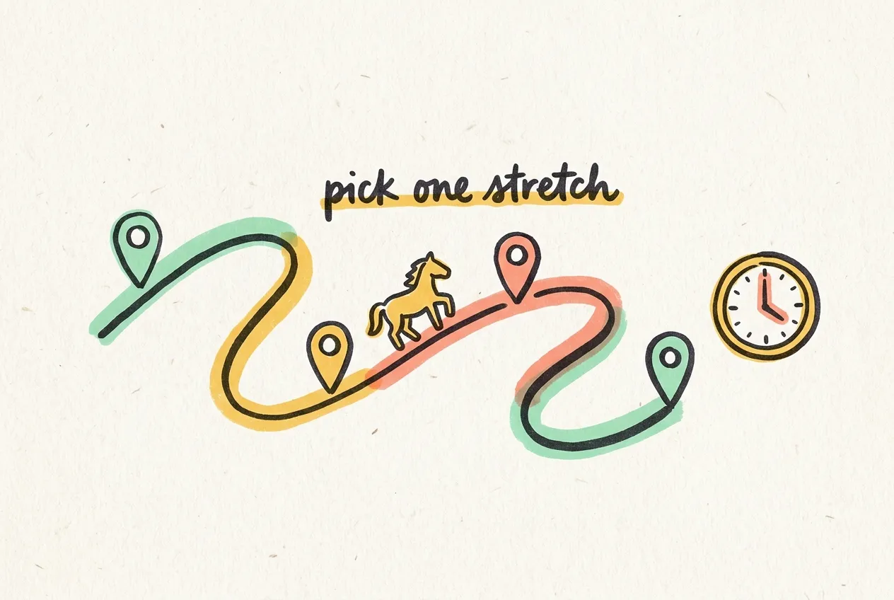 Marker-drawn route line with four map pins, a horse icon and a clock, with the handwritten note 'pick one stretch'