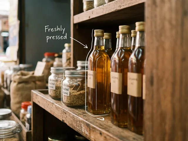 AI-generated image of golden oil bottles lined up on a wooden market shelf next to jars of roasted sesame seeds. A white line traces one bottle next to a handwritten note reading 'Freshly pressed'.