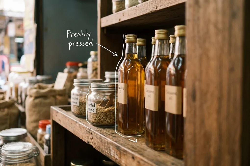 AI-generated image of golden oil bottles lined up on a wooden market shelf next to jars of roasted sesame seeds. A white line traces one bottle next to a handwritten note reading 'Freshly pressed'.