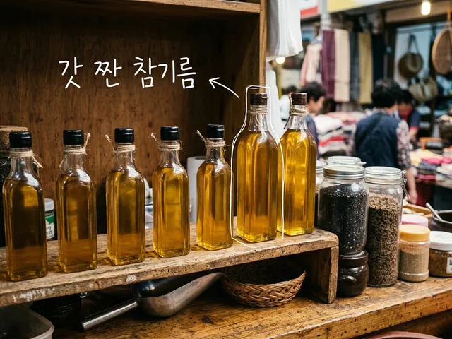 시장 가게 나무 선반 위에 줄지어 놓인 노란 참기름 병과 볶은 깨 유리병 AI 생성 이미지. 병 하나에 흰 선이 얹혀 있고 '갓 짠 참기름' 손글씨가 있다.