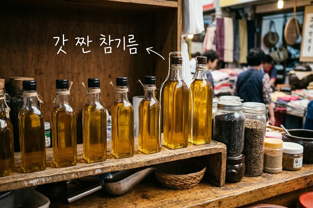 시장 가게 나무 선반 위에 줄지어 놓인 노란 참기름 병과 볶은 깨 유리병 AI 생성 이미지. 병 하나에 흰 선이 얹혀 있고 '갓 짠 참기름' 손글씨가 있다.