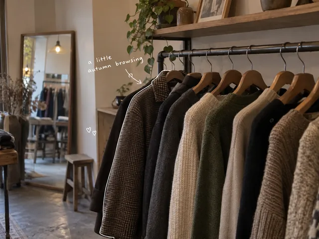 AI-generated clothing rail with autumn jackets and knitwear, white pen outlines, and the handwritten note a little autumn browsing.