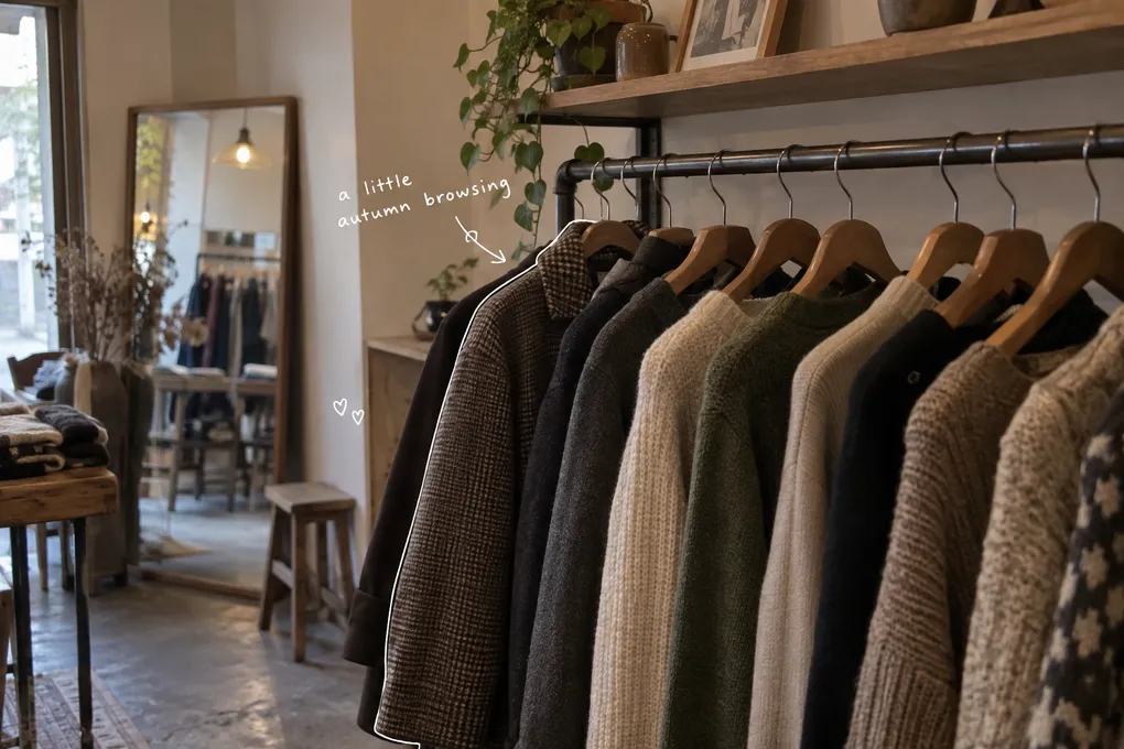 AI-generated clothing rail with autumn jackets and knitwear, white pen outlines, and the handwritten note a little autumn browsing.