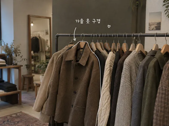 가을 재킷과 니트가 걸린 옷걸이, 흰 펜 윤곽선과 작은 가을 쇼핑이라는 손글씨를 담은 AI 생성 이미지.