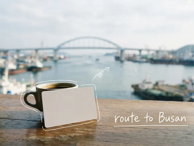 AI-generated blank white transit card standing beside a cup on a cafe table, with a harbor bridge outside the window, thin white lines and the handwritten note 'route to Busan'.
