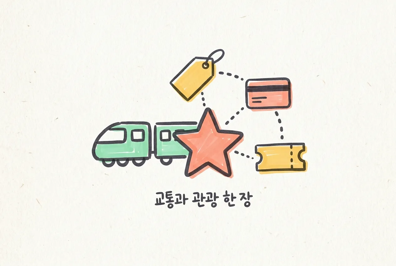 기차 아이콘과 가격표, 카드, 입장권이 하나의 별 배지로 이어지는 모습과 ‘교통과 관광 한 장’ 손글씨를 마커로 그린 일러스트