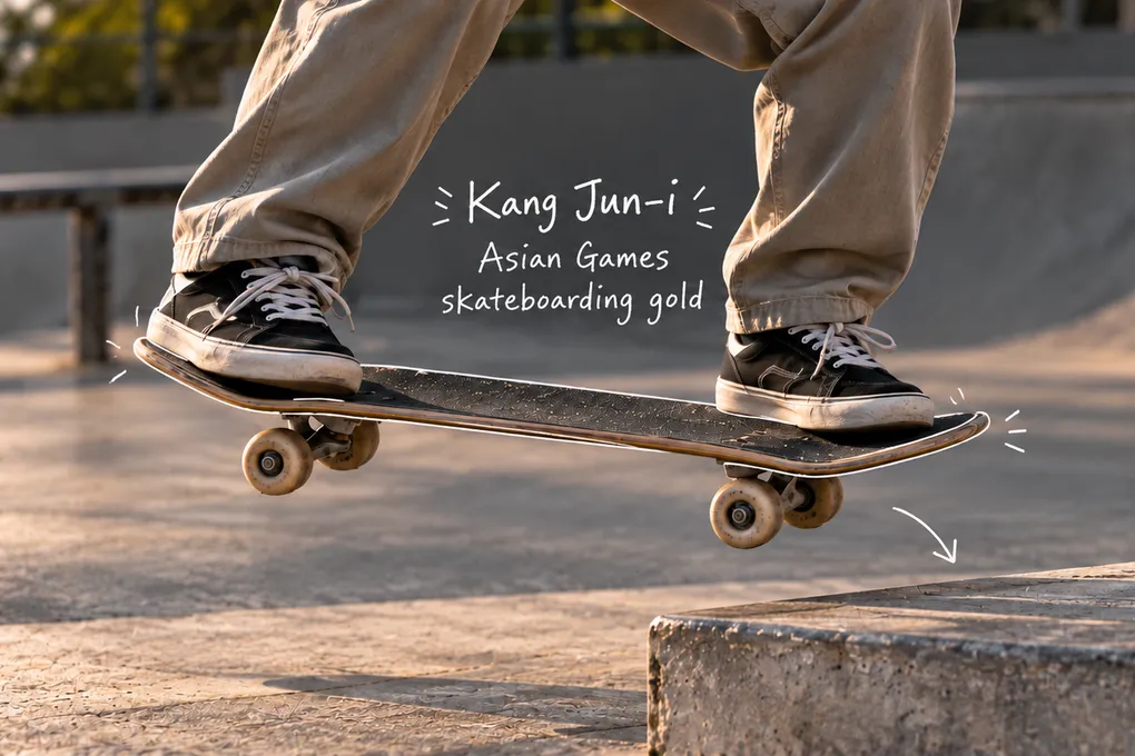 AI-generated close-up of an anonymous skater's feet and board in midair beside a low curb, with handwritten notes about Kang Jun-i's Asian Games skateboarding gold.