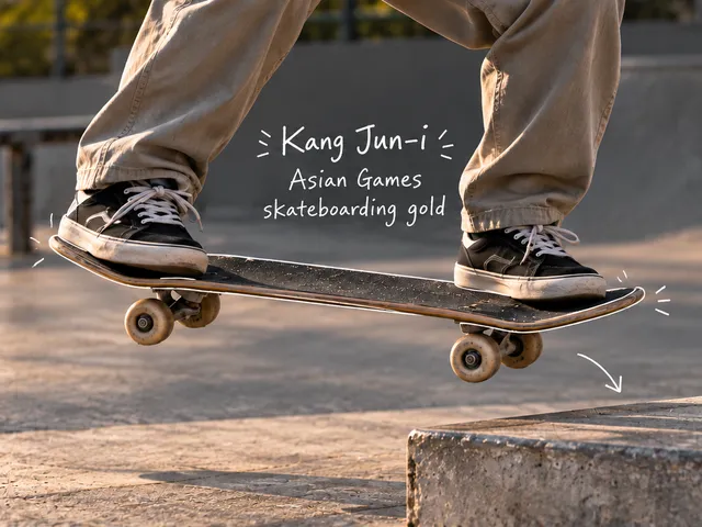 AI-generated close-up of an anonymous skater's feet and board in midair beside a low curb, with handwritten notes about Kang Jun-i's Asian Games skateboarding gold.